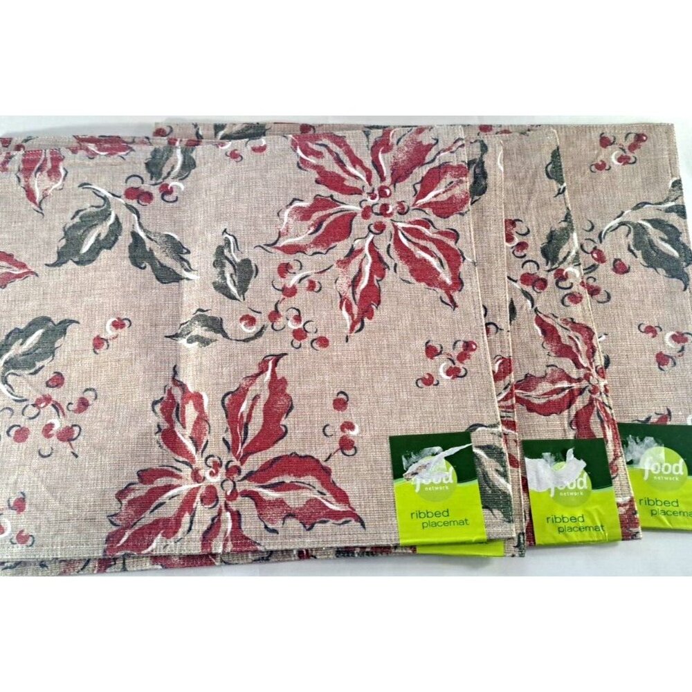 New Food Network Placemats Kohls Poinsettia Christmas Set of 4 Beige Ribbed